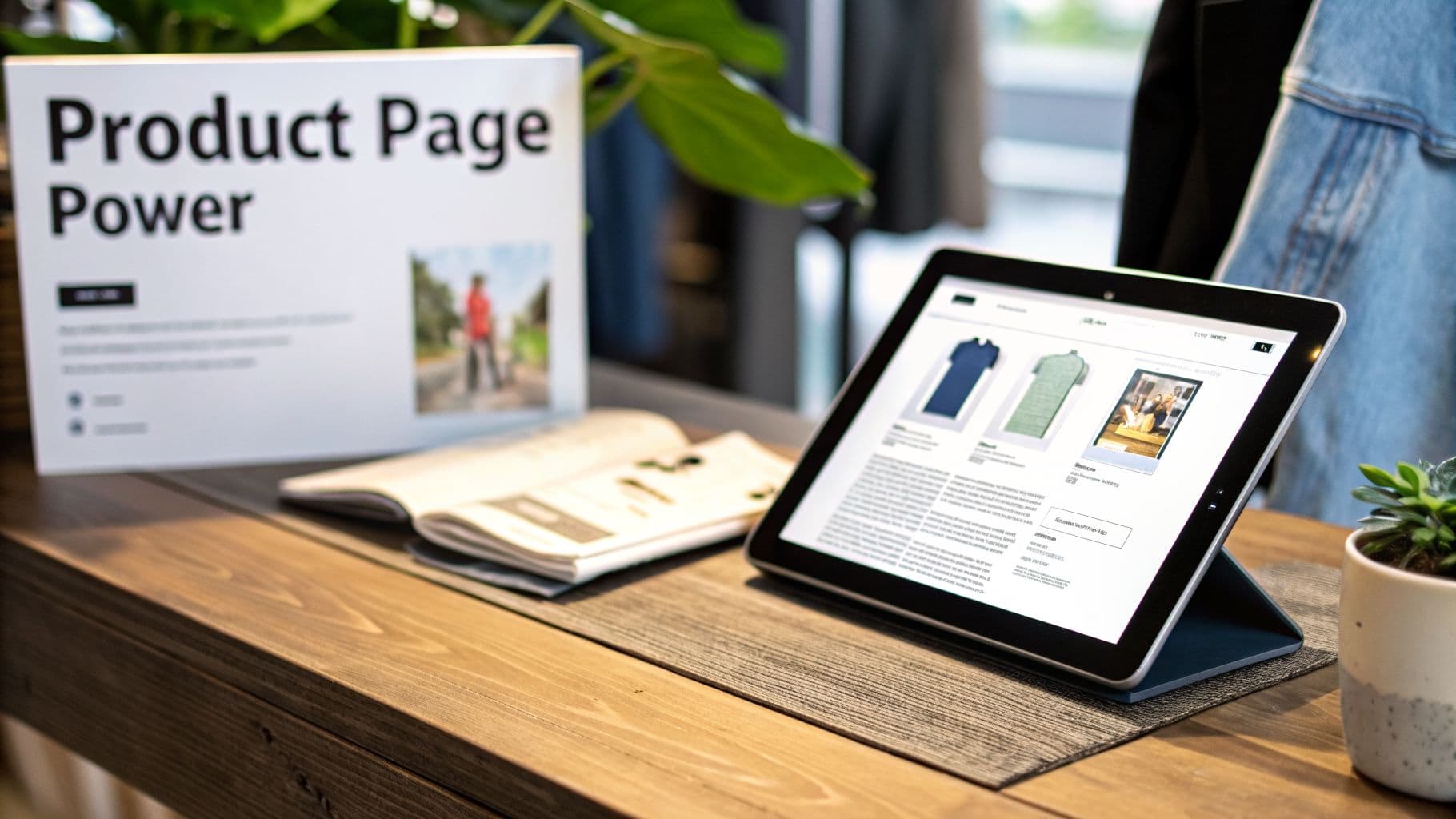 Tablet showing a fashion product page with t-shirts, alongside a 'Product Page Power' sign and a magazine on a wooden desk.