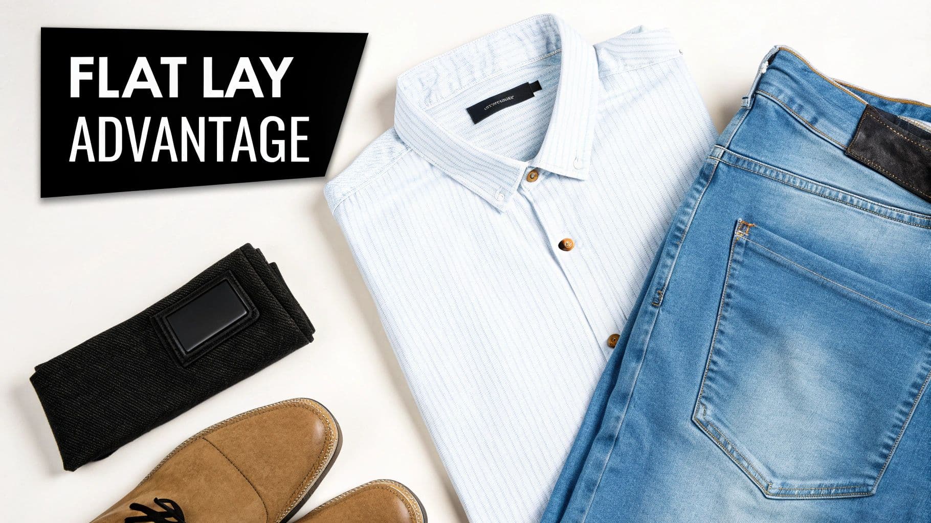 Flat lay of men's fashion: blue striped shirt, jeans, brown shoes, black accessory. Text: 'FLAT LAY ADVANTAGE'.