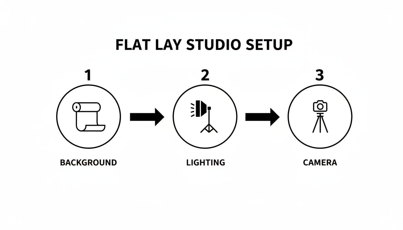 A step-by-step diagram illustrating the essential flat lay studio setup with background, lighting, and camera.