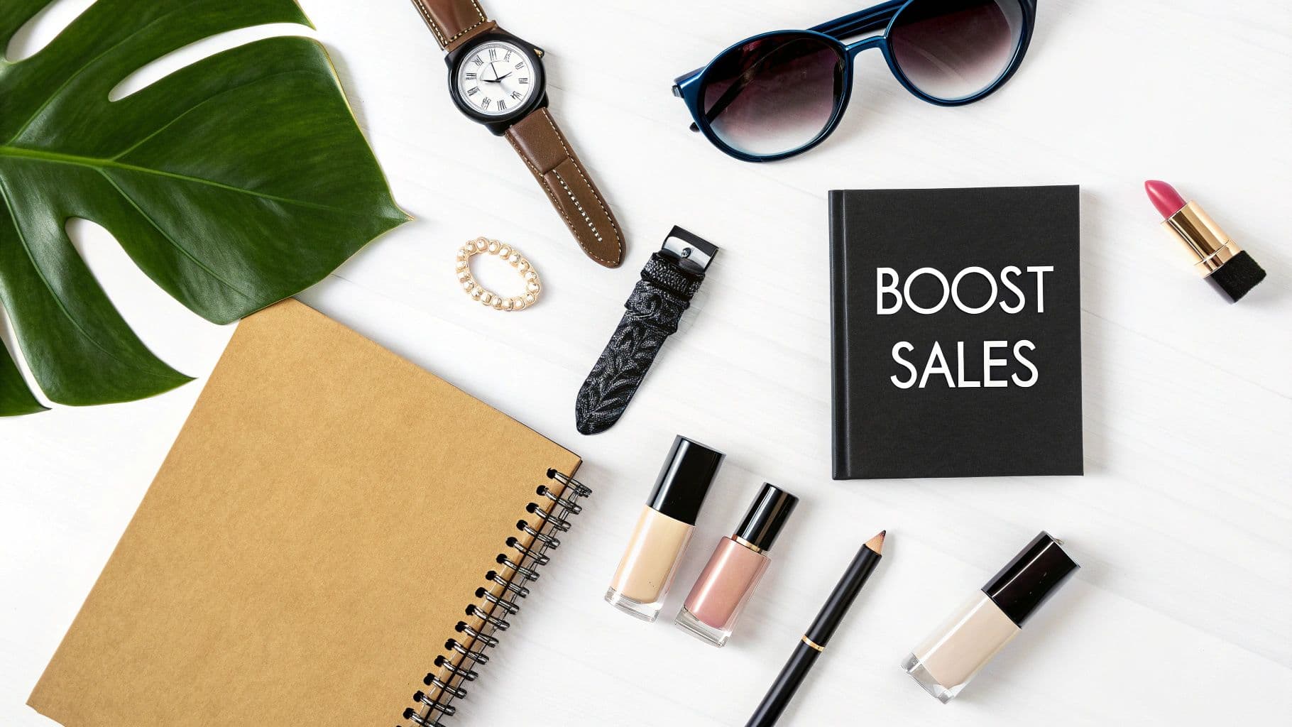 Flat lay of 'Boost Sales' notebook, watch, sunglasses, makeup, and Monstera leaf on a white background.