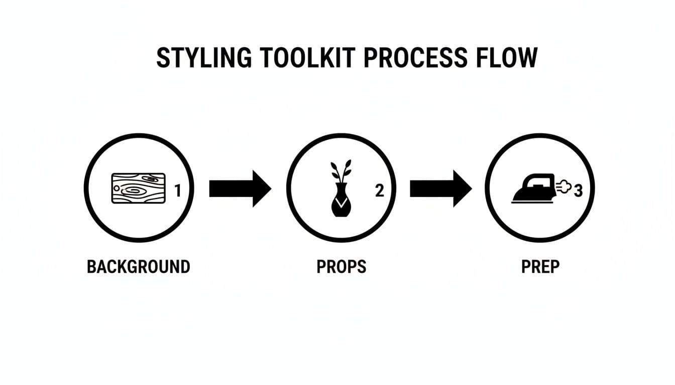 Process flow diagram showing styling toolkit steps: background (wooden plank), props (vase), and prep (iron).
