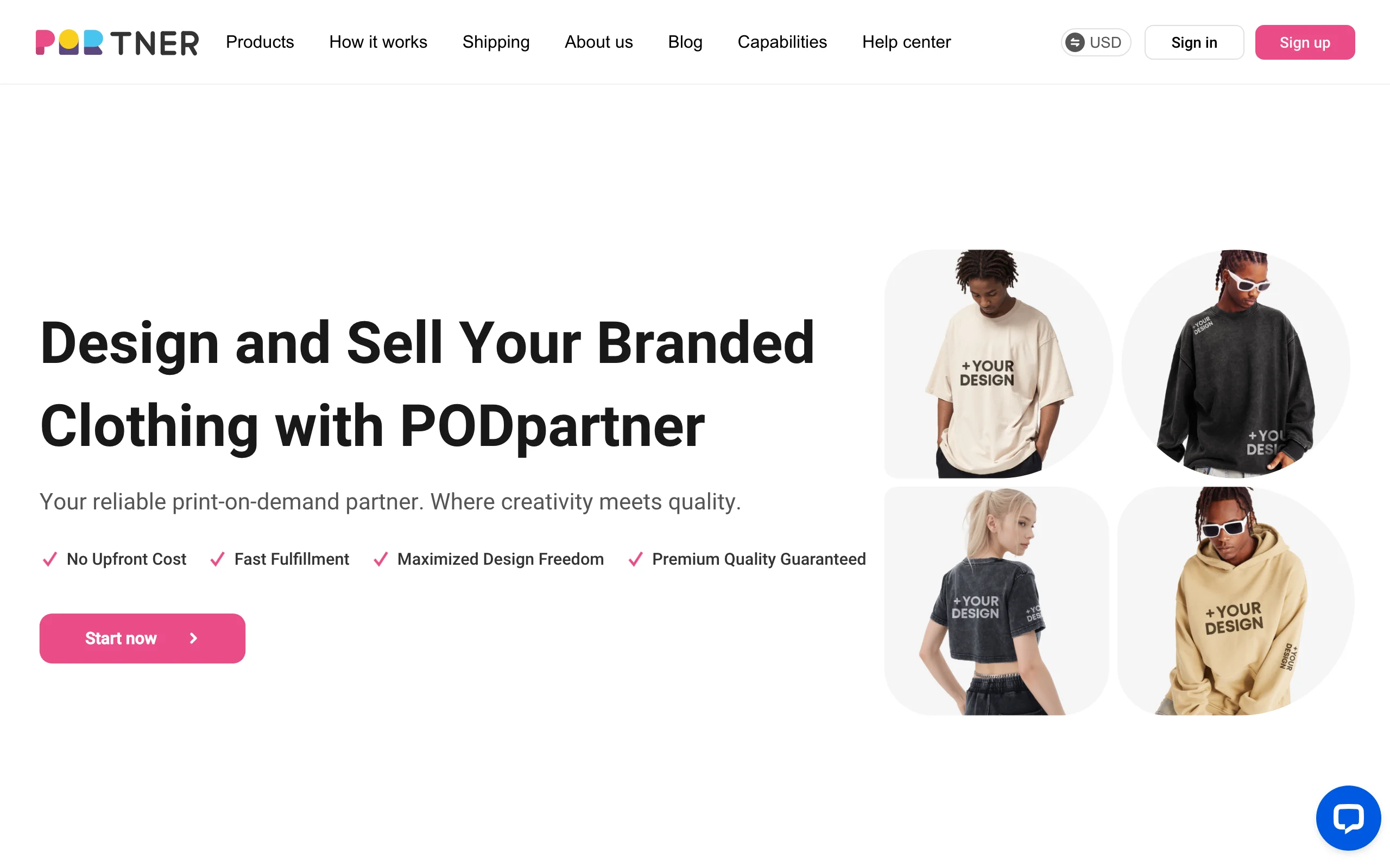 PODpartner homepage, a print-on-demand supplier that manufactures and prints its garments in-house