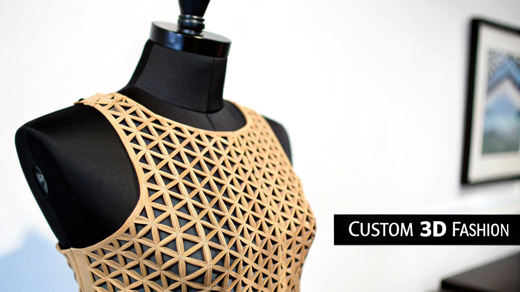A beige 3D-printed top with a geometric triangular pattern displayed on a black mannequin, highlighting custom fashion.