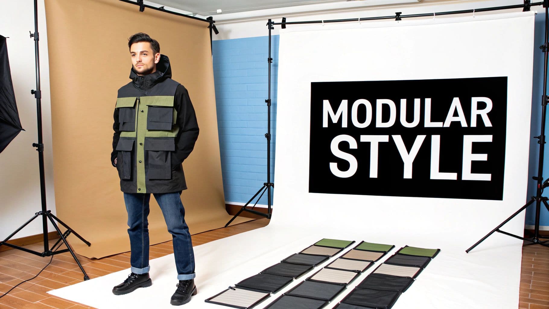 Man modeling a black and olive green modular jacket with multiple pockets in a studio.