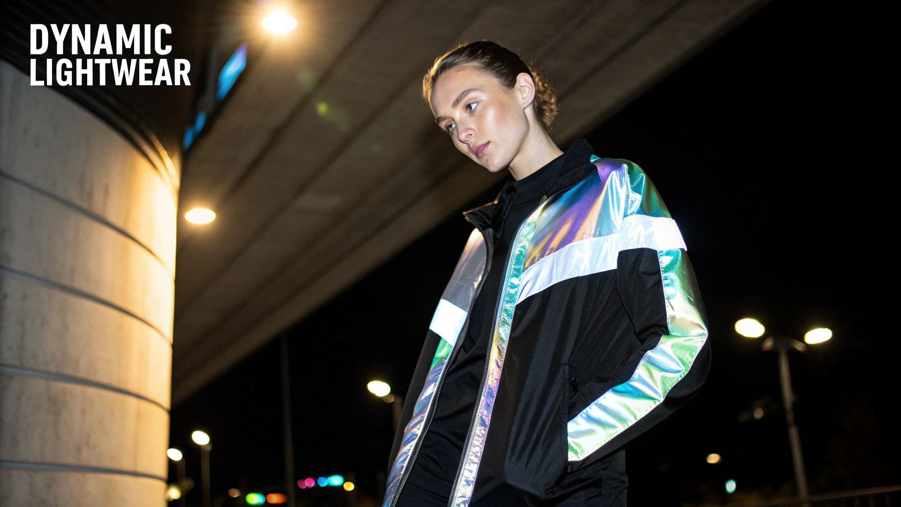 A woman wears a black jacket with reflective iridescent stripes at night under an overpass.