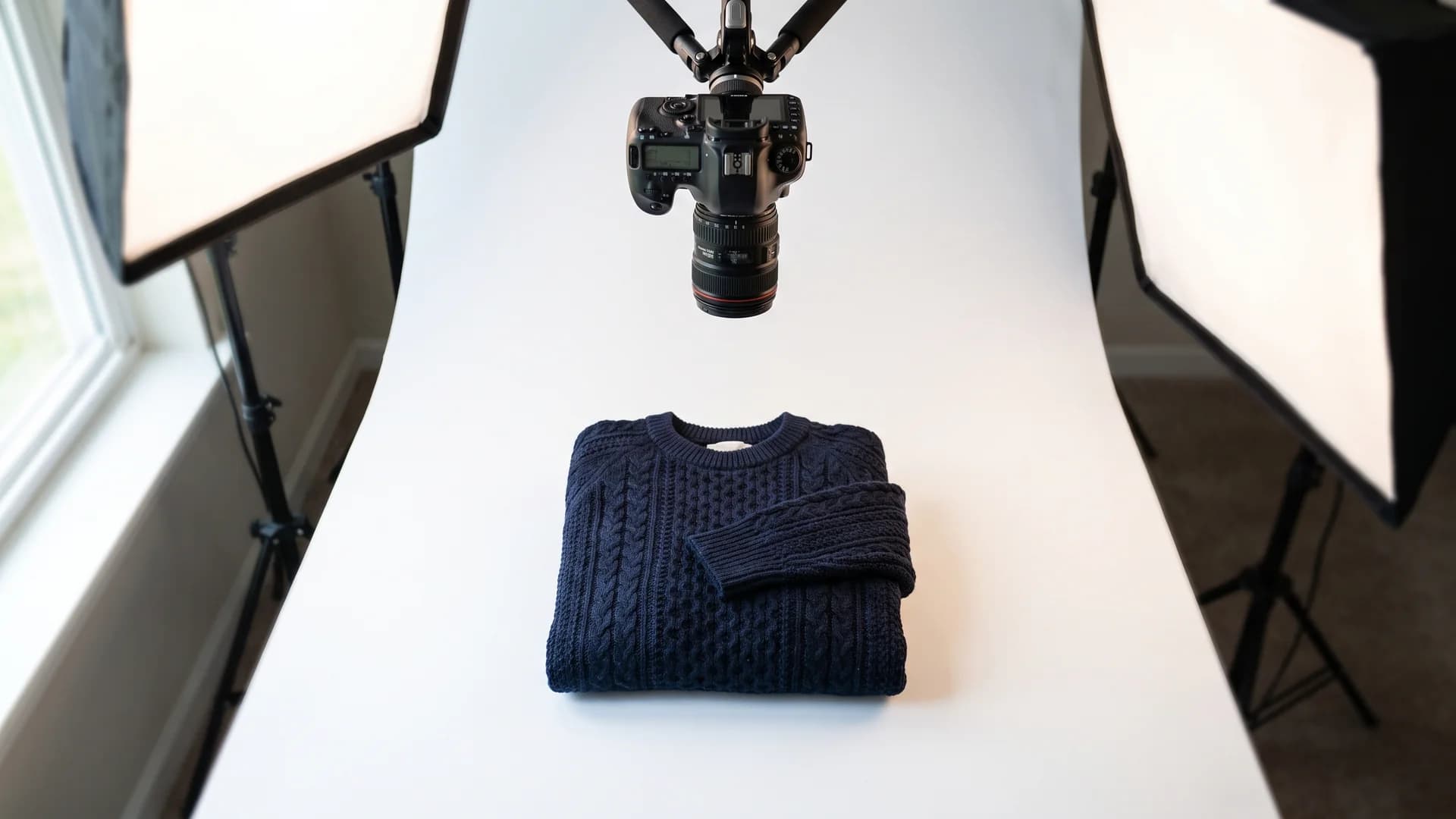 Studio setup for shooting the main shot before the ghost mannequin effect in Photoshop