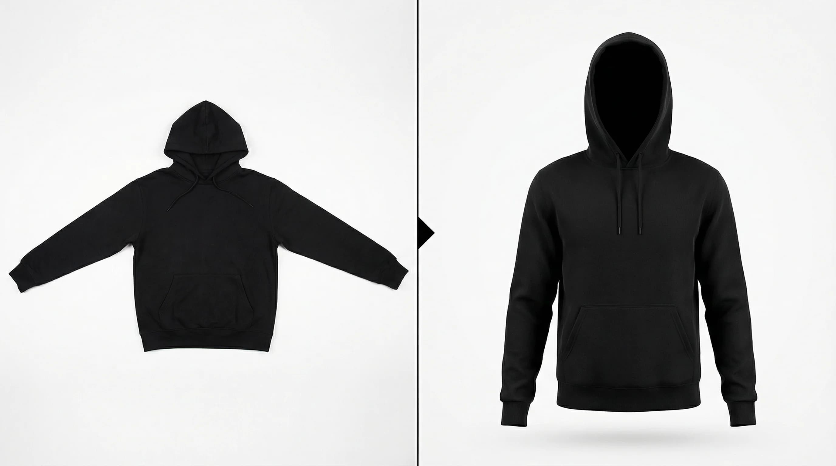 AI ghost mannequin tool converting a flat lay hoodie photo into a 3D ghost mannequin product image