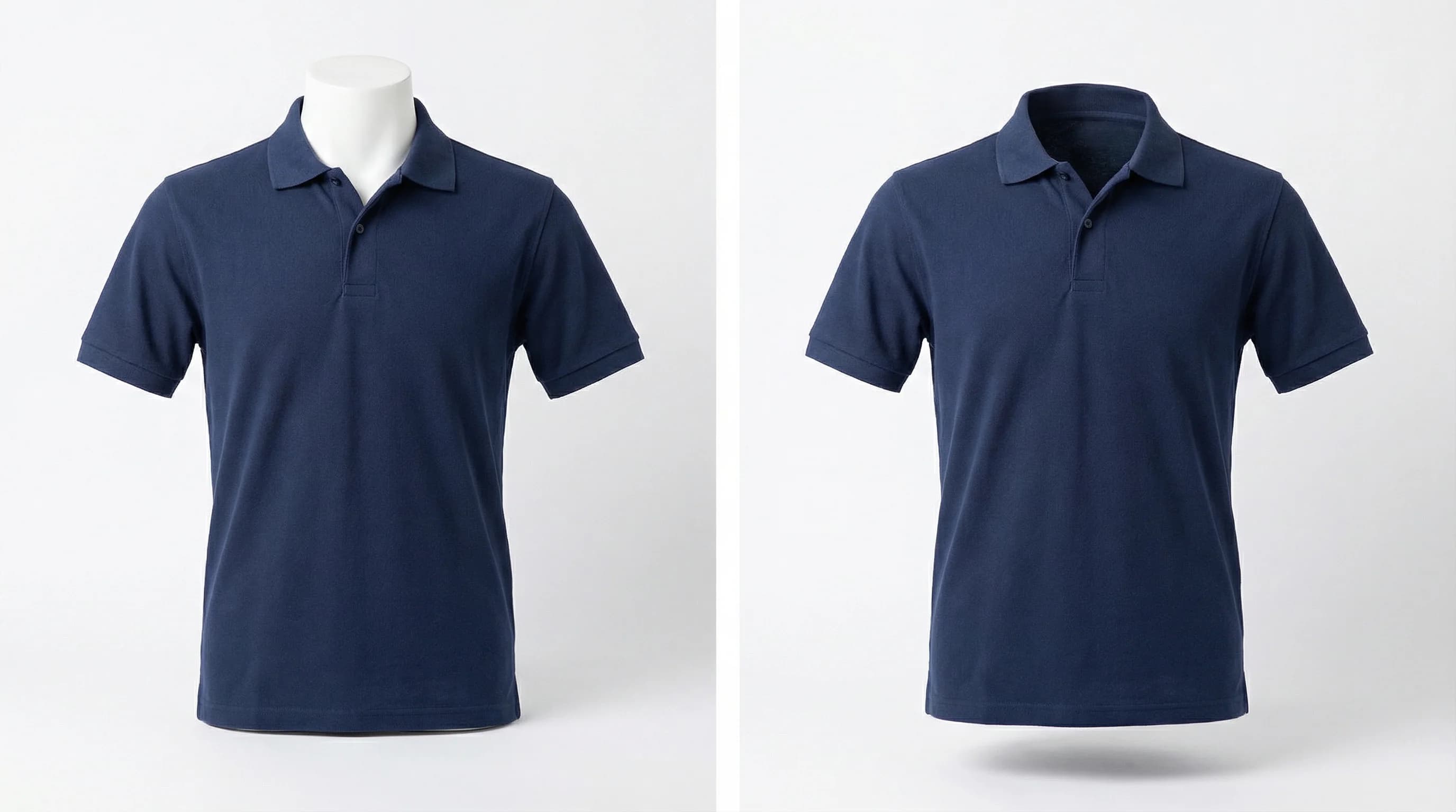 Before and after ghost mannequin editing: polo shirt on mannequin vs finished invisible mannequin effect