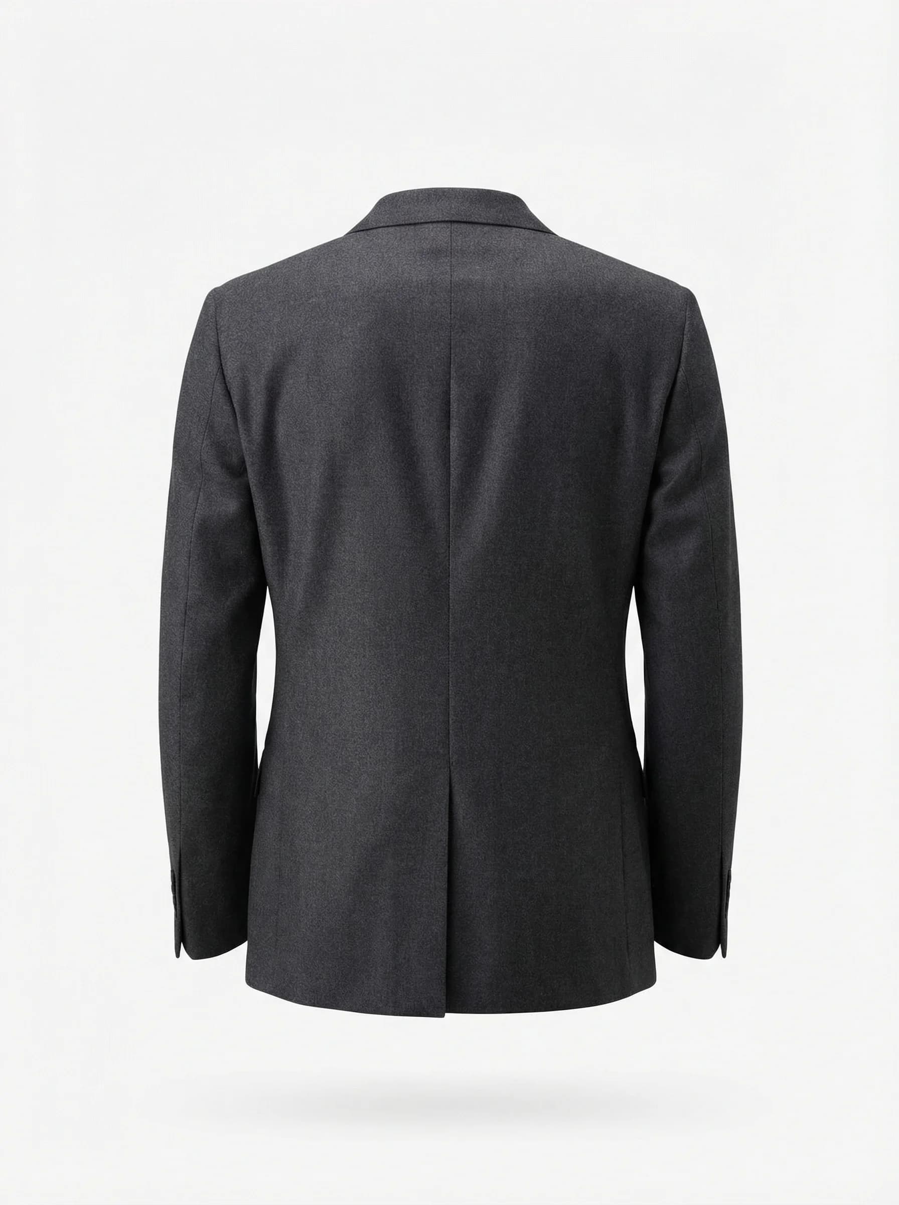 Charcoal blazer back view ghost mannequin photography showing garment structure