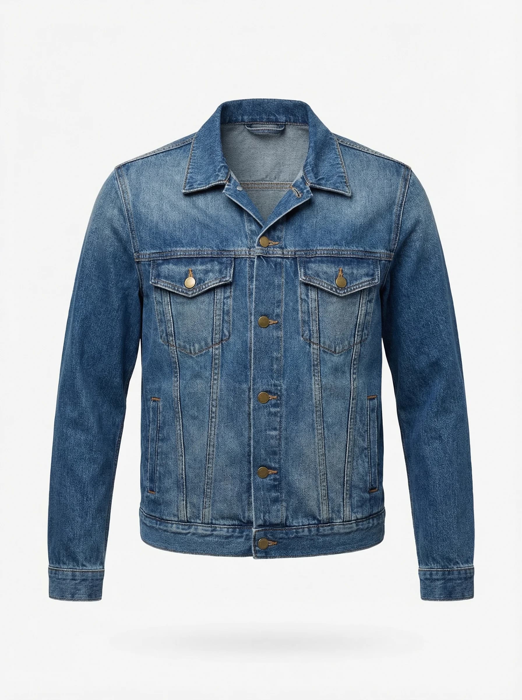 Blue denim jacket ghost mannequin product photo for fashion ecommerce