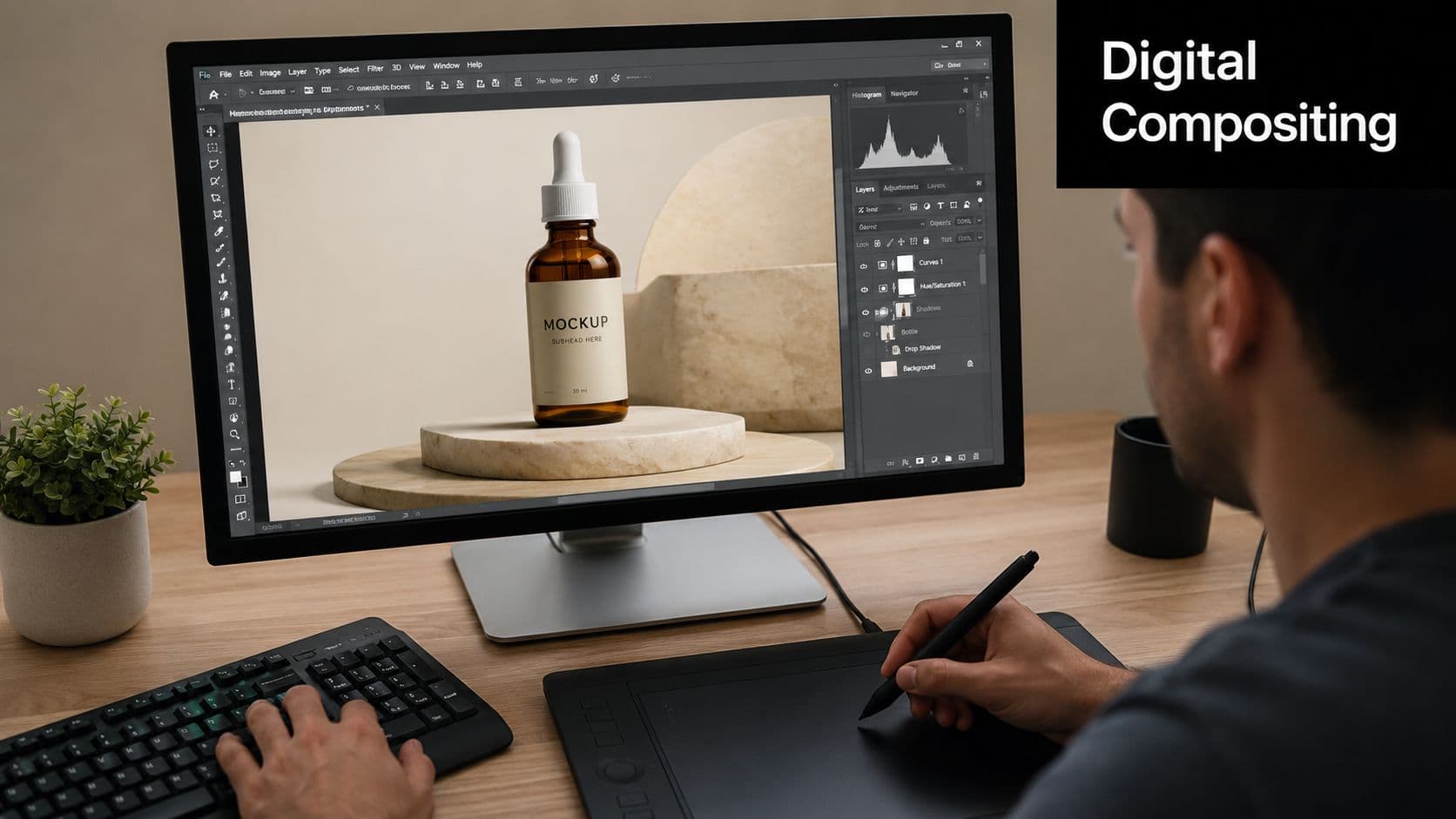 A digital artist uses a pen tablet to edit product photography of a serum bottle on computer.