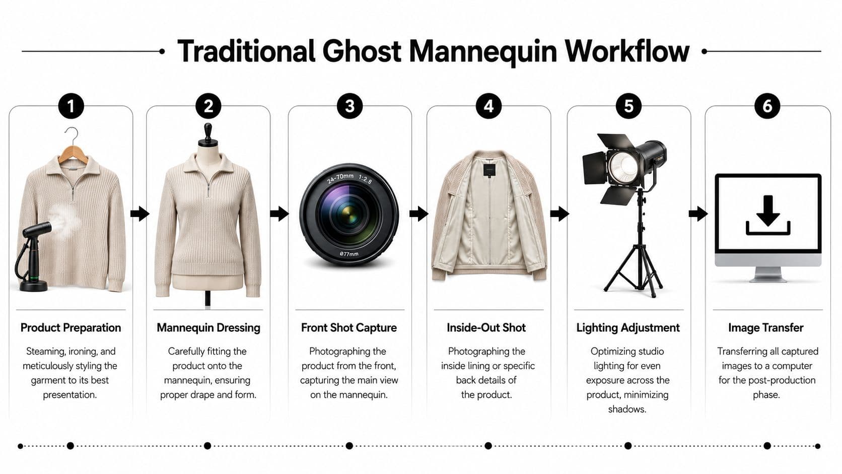 A six-step infographic illustrating the traditional ghost mannequin photography workflow for apparel product photography.