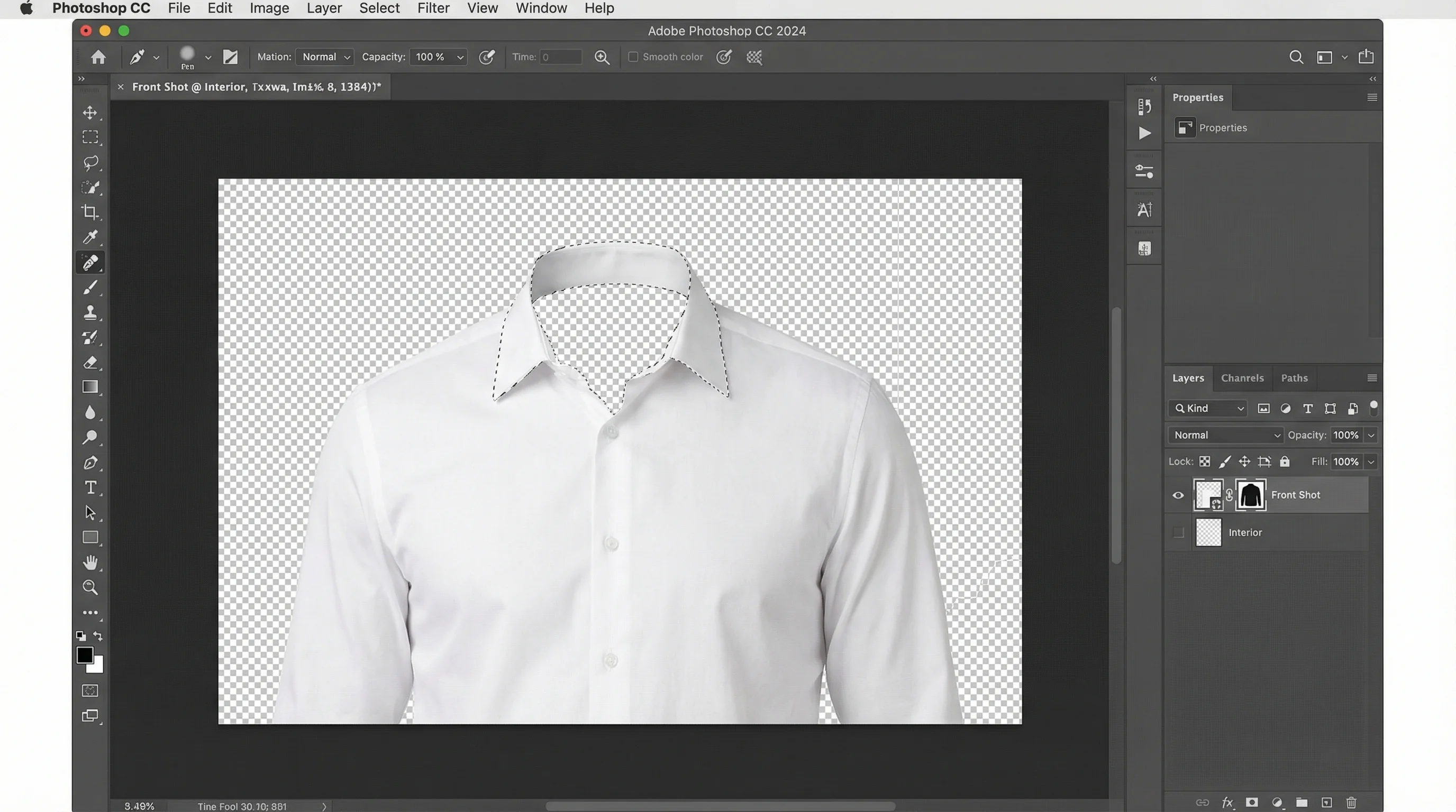 Photoshop editing process for ghost mannequin effect showing layers panel and selection tool