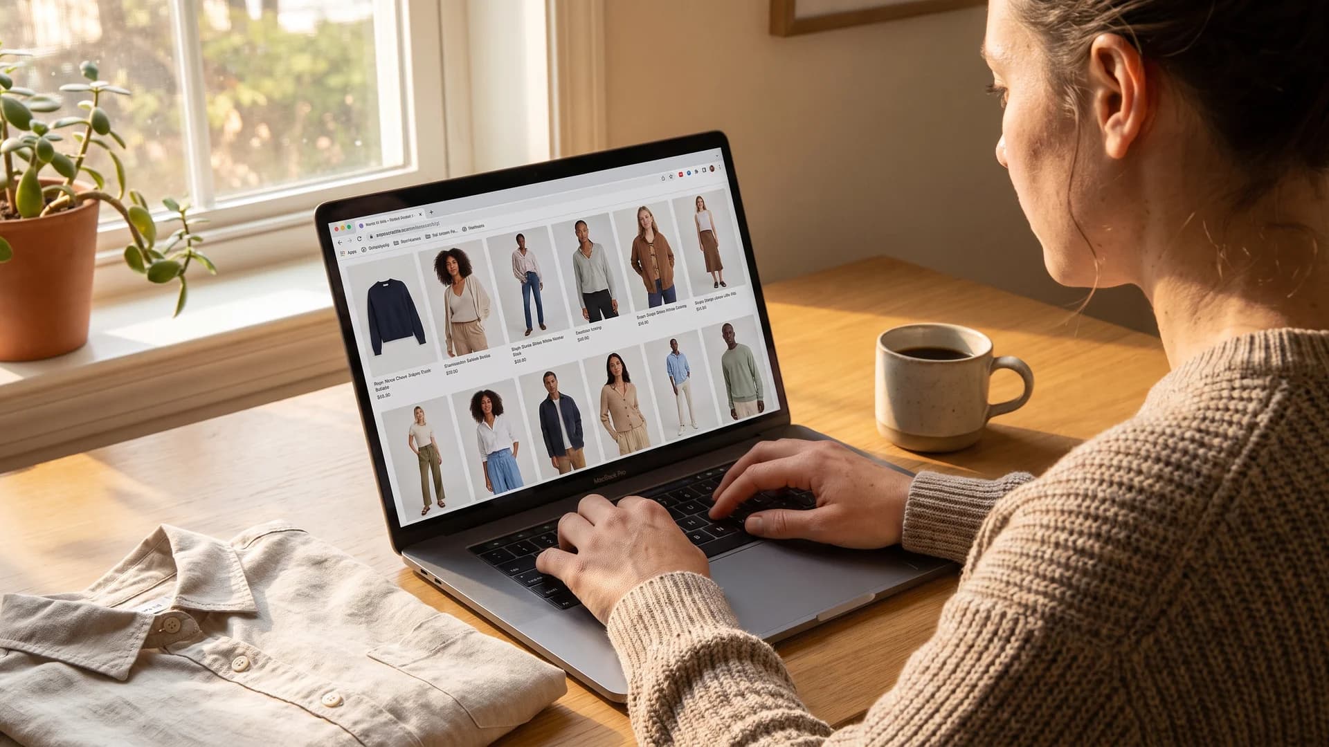 Seller reviewing an AI on-model ecommerce catalog, a cheaper ghost mannequin photography alternative, on a laptop
