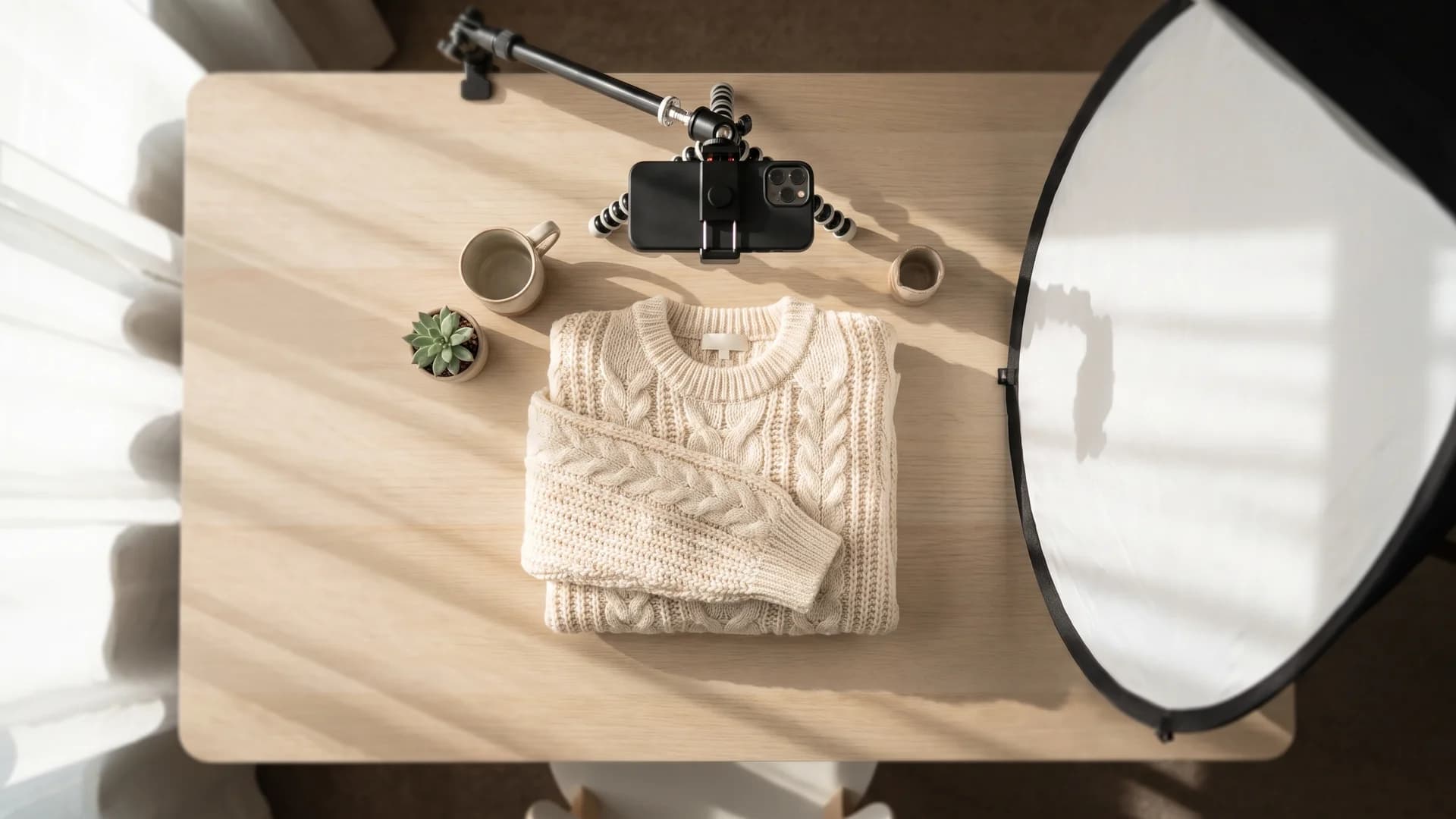 Flat lay photography setup as a ghost mannequin alternative, a folded sweater shot overhead with a phone