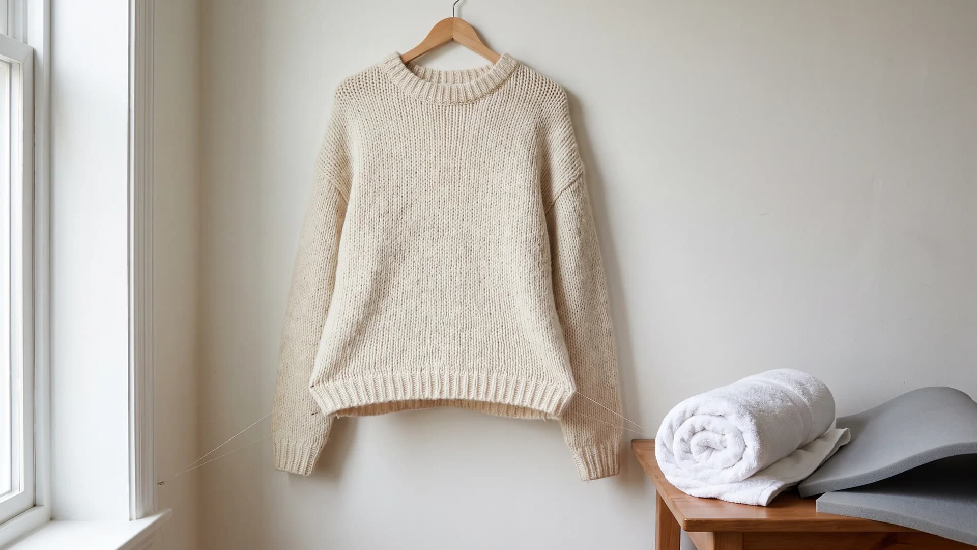 DIY hanger and foam rig for the invisible mannequin effect without a mannequin, a knit sweater pulled into shape with clear thread