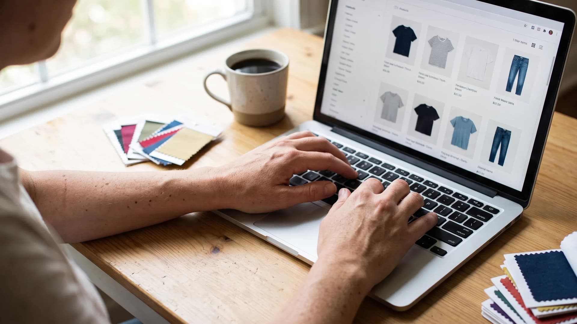 Merchandiser reviewing AI model clothing photos on a laptop against Amazon listing requirements