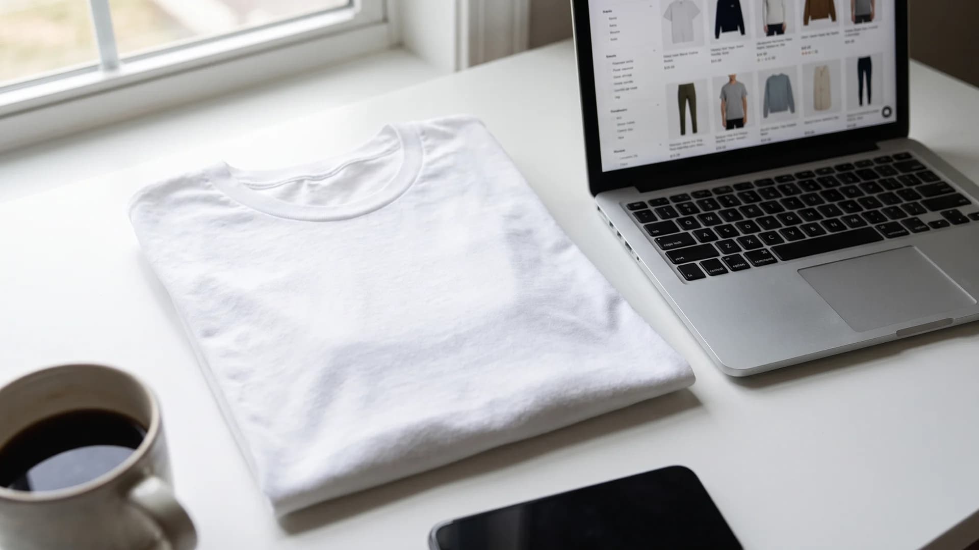 Flat-lay t-shirt beside a laptop showing an ecommerce grid, the starting point for an AI ghost mannequin workflow