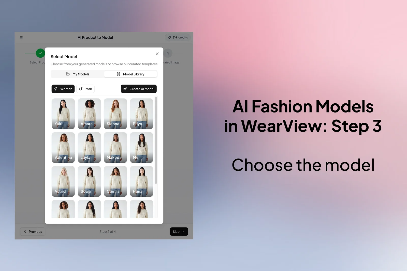Choosing an AI fashion model and pose for an on-model clothing photo