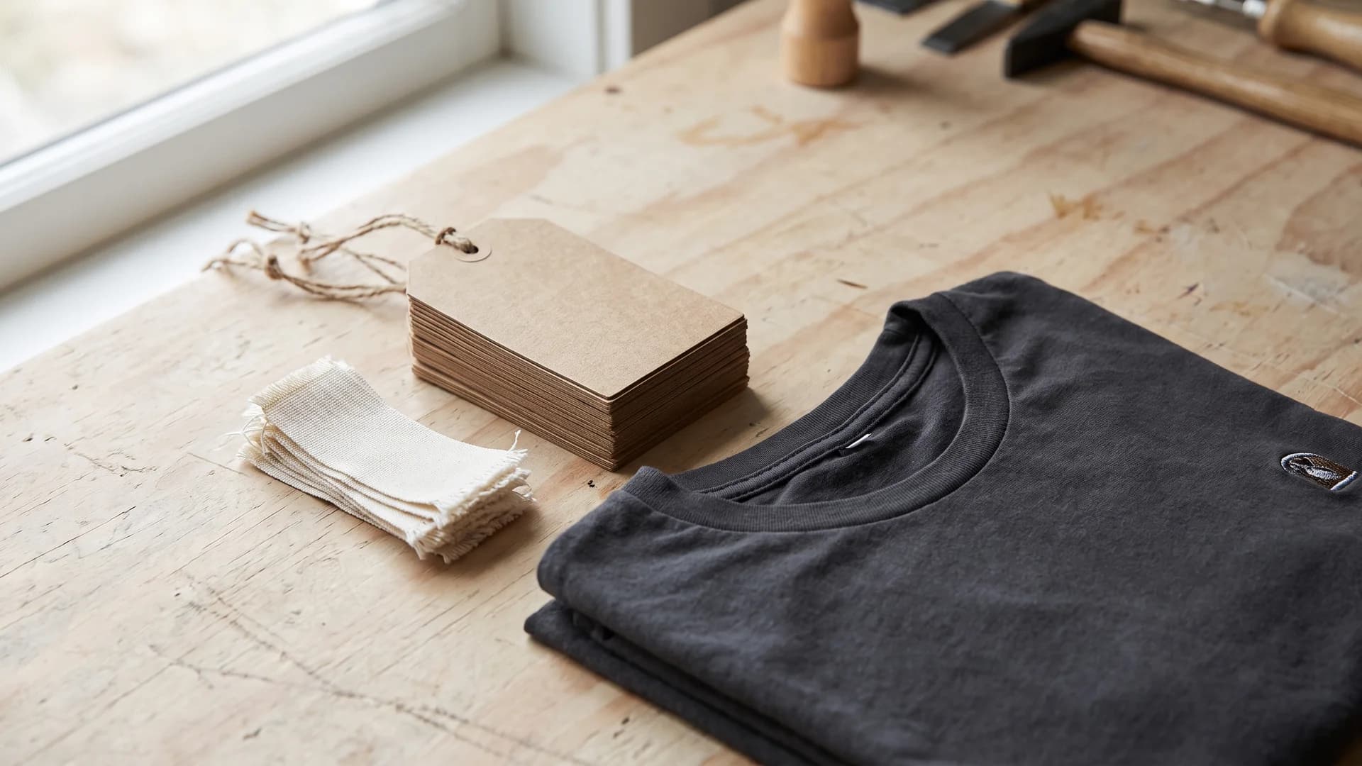 Blank hang tags and woven neck labels for a clothing brand logo laid out on a workbench