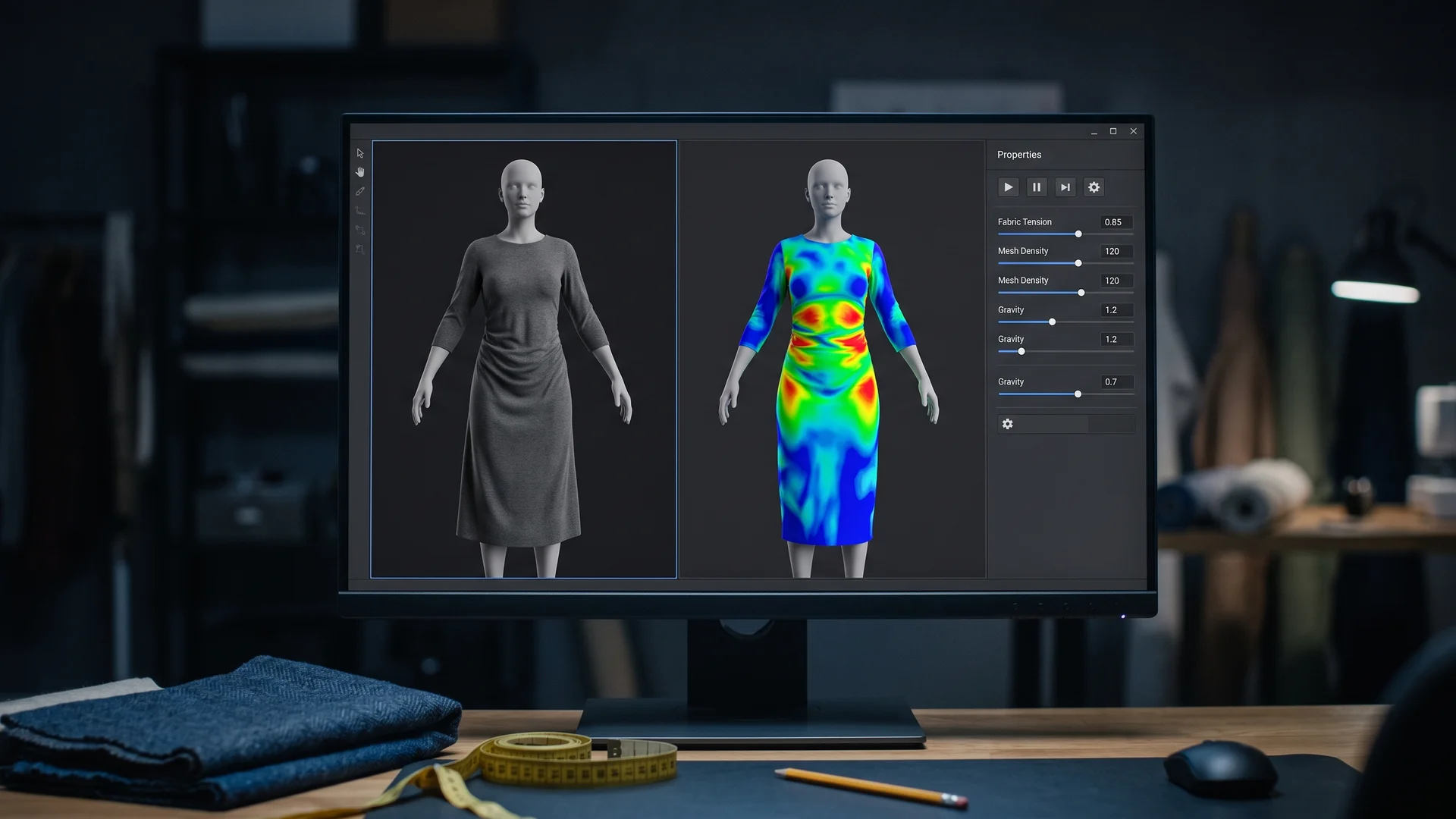 Unbranded 3D garment simulation software showing a midi dress draped on an avatar beside a colored fabric tension map