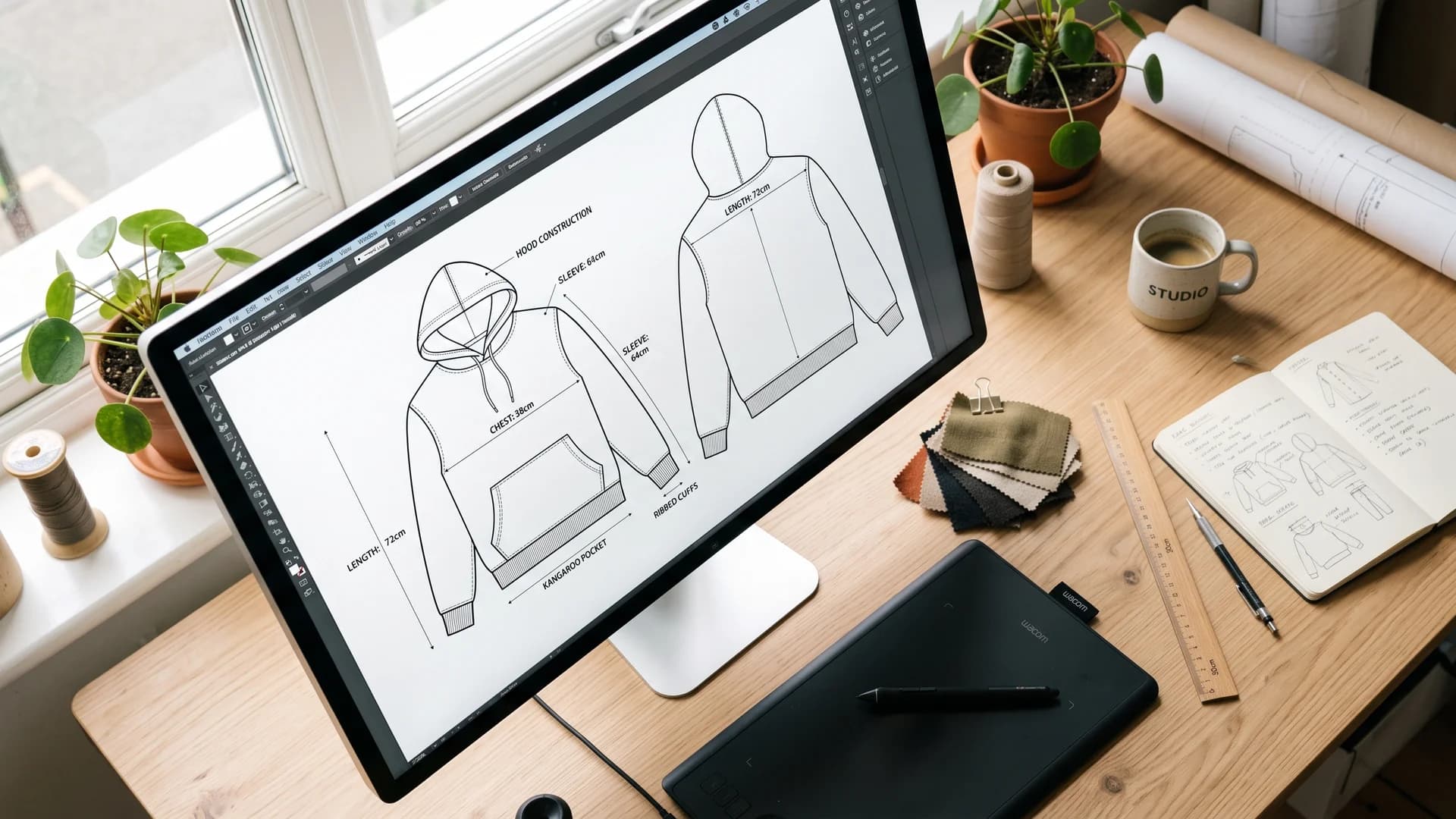 Digital flat sketch of a hoodie on a designer's monitor with measurement callouts, beside a graphics tablet and fabric swatches