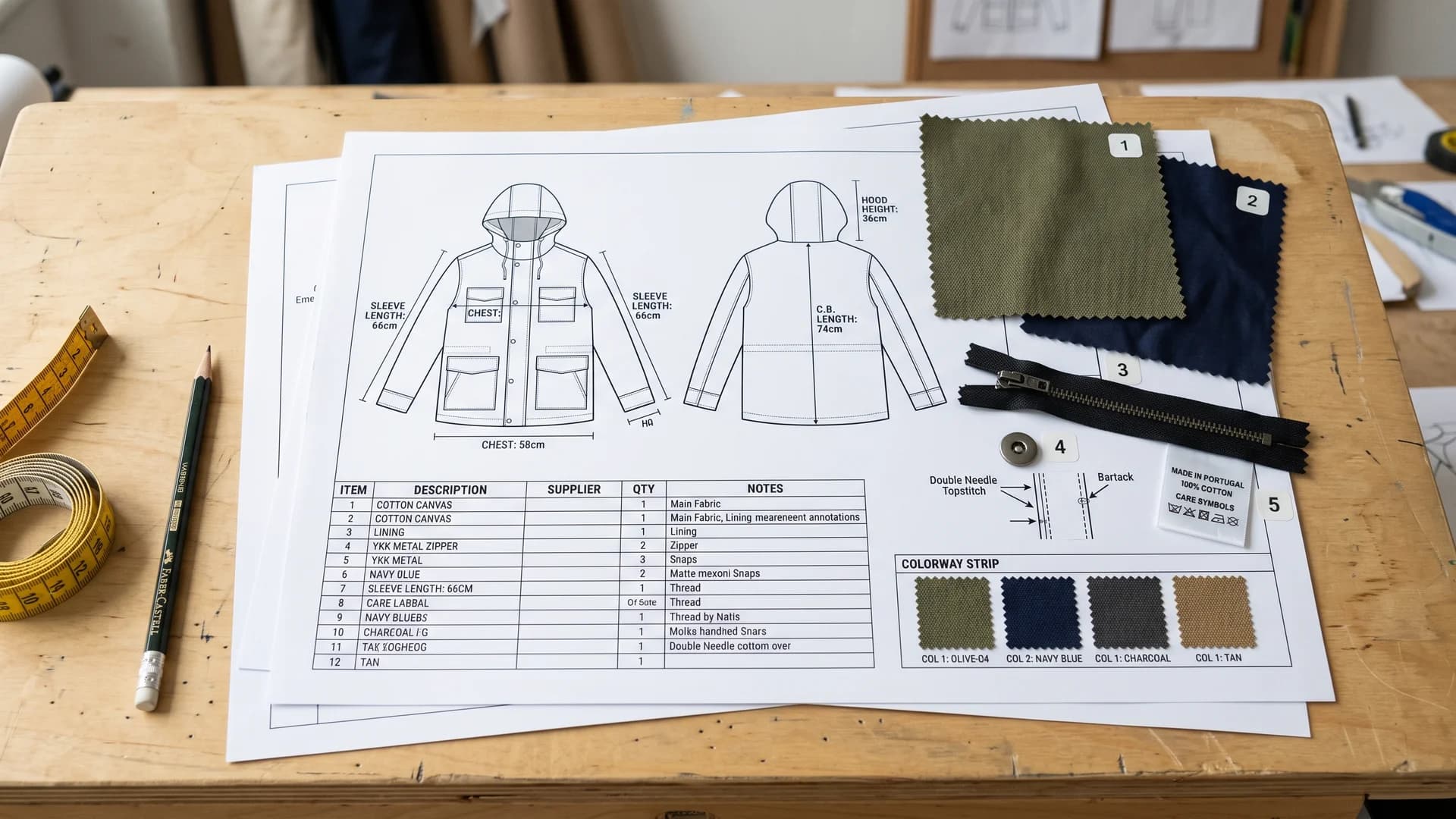 Printed apparel tech pack with technical flats, measurement callouts, a bill of materials table, colorway strip, fabric swatches, zipper and care label