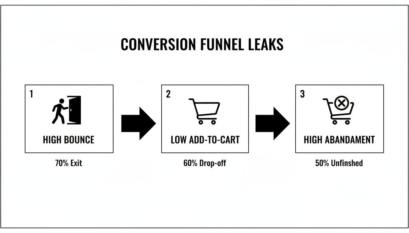 Conversion funnel leaks diagram showing high bounce, low add-to-cart, and high abandonment rates.