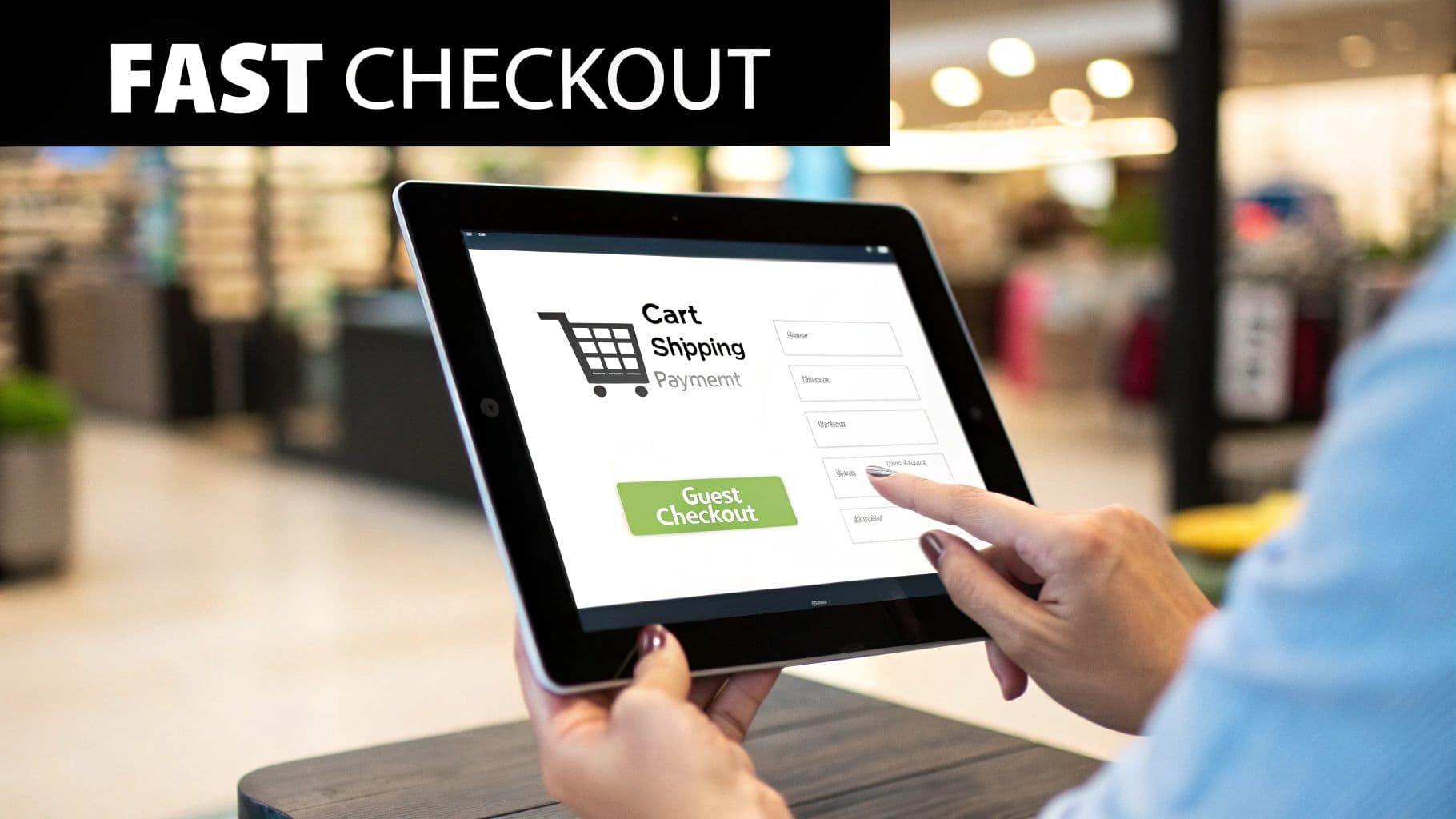 A person's hands tapping on a tablet screen showing an online fast checkout process with a shopping cart icon.
