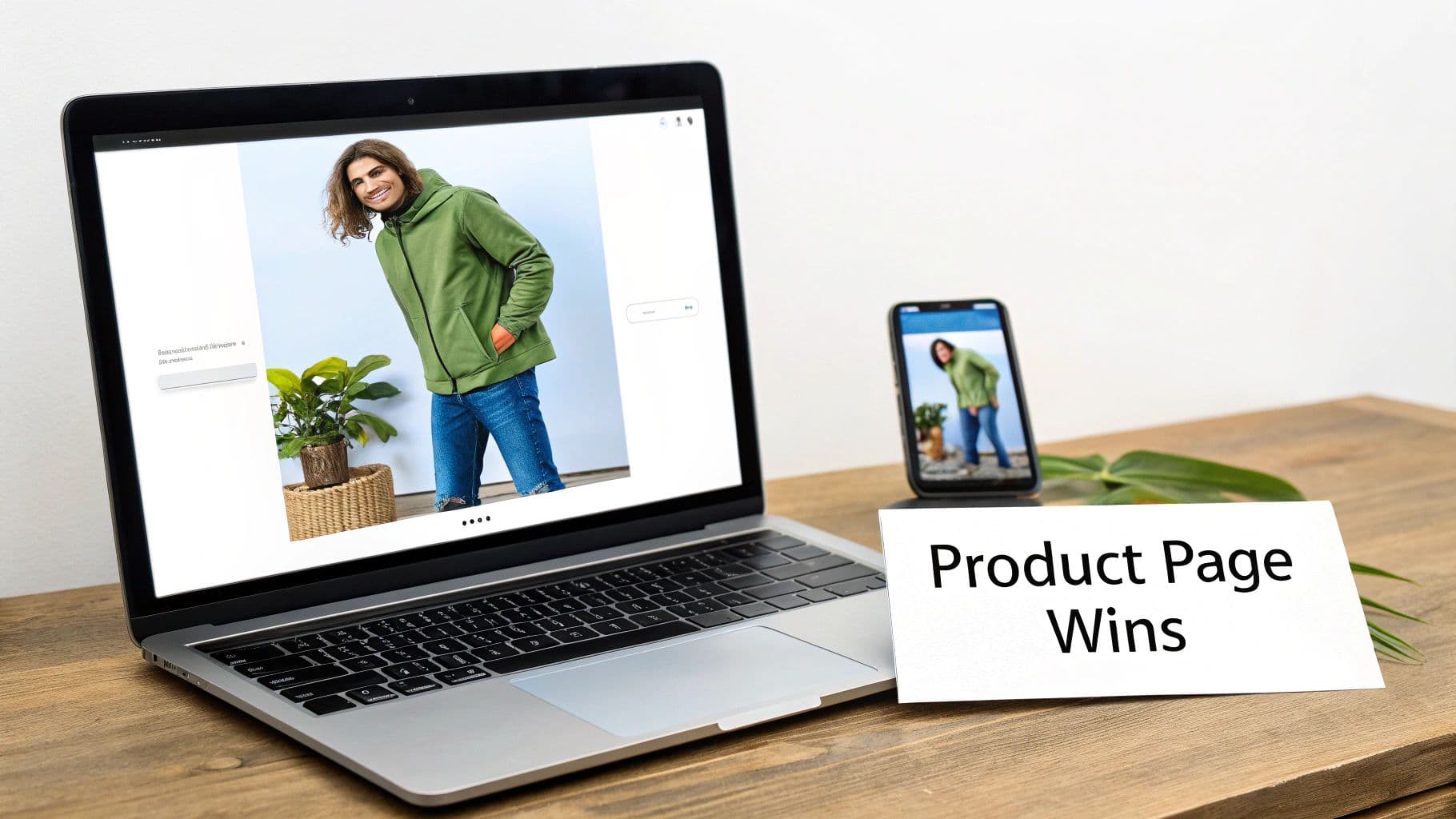Laptop and smartphone display a product page featuring a man in a green hoodie, with a 'Product Page Wins' card.
