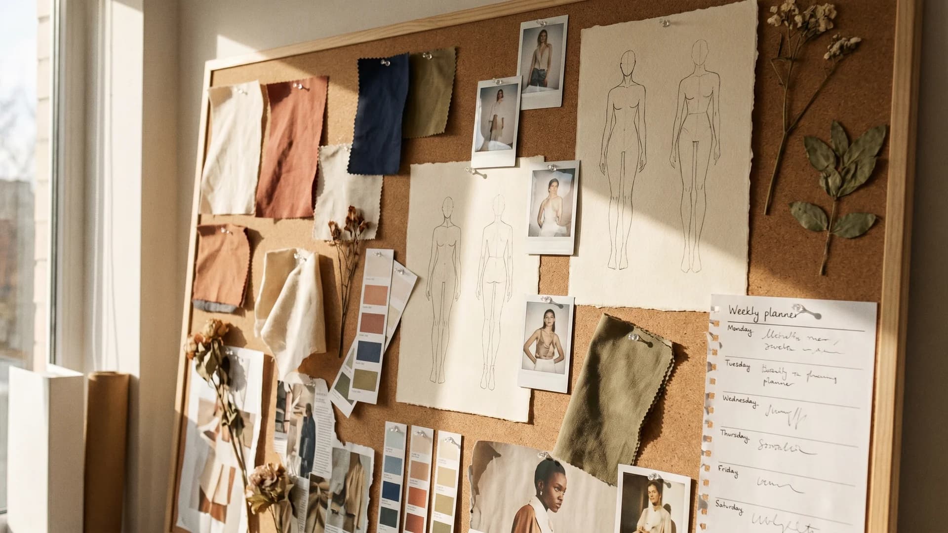 Fashion design mood board for a 12-week learning plan: fabric swatches, hand-drawn croquis sketches, color palette cards, polaroid references and a weekly planner