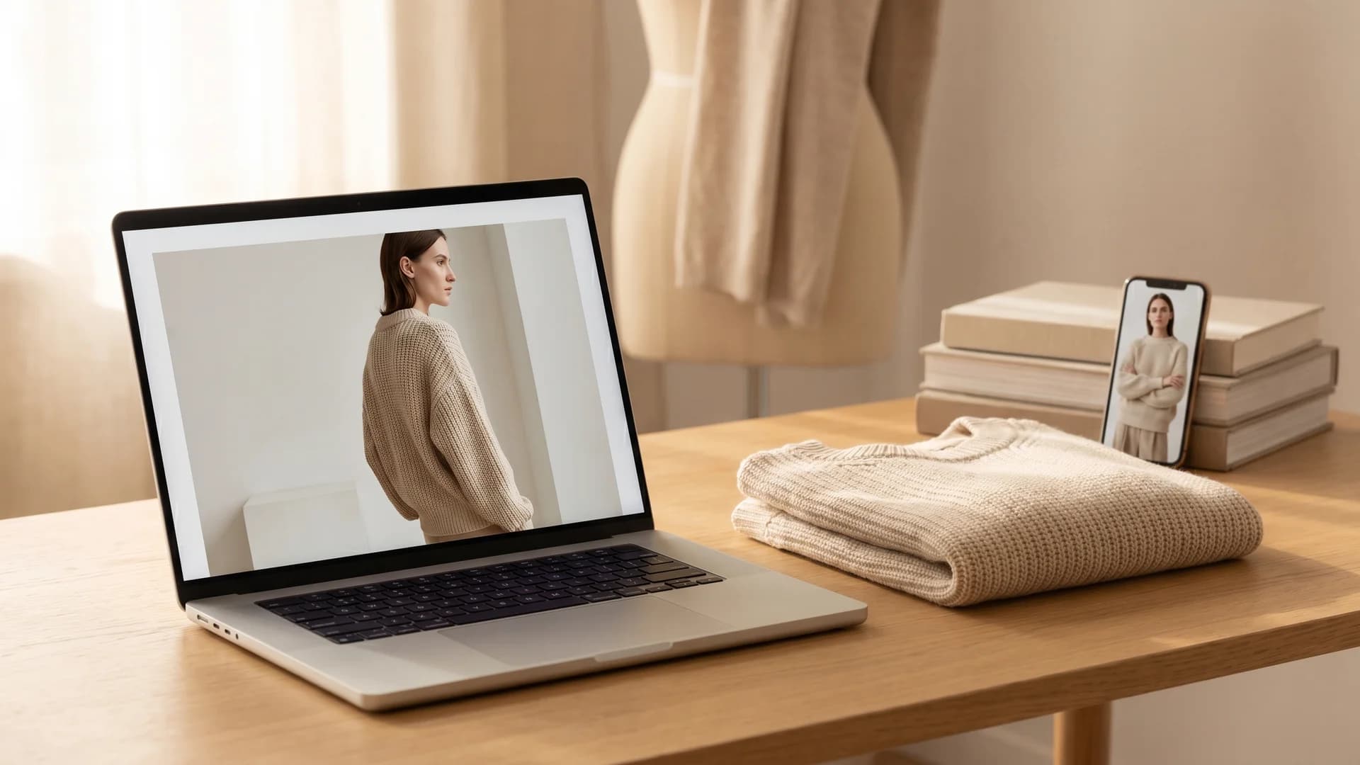 AI tools for fashion designers: a laptop and phone showing the same knit sweater visualized on different AI models next to the physical folded garment