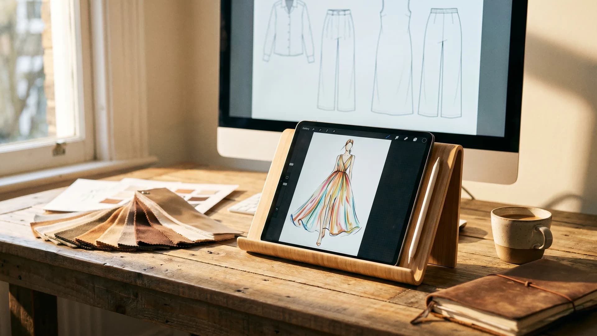 Designer's desk showing the best clothing design apps in action: an iPad running Procreate with a fashion croquis, a monitor with technical flats in Illustrator, and a fabric swatch fan