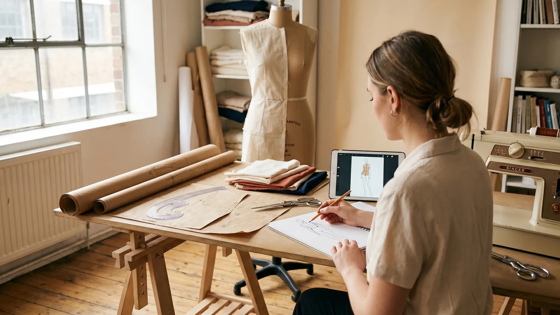 Aspiring fashion designer learning clothing design at her studio desk: sketching a croquis on paper next to an iPad with digital flats, surrounded by pattern paper, fabric swatches, a dress form with a muslin toile, and a vintage sewing machine