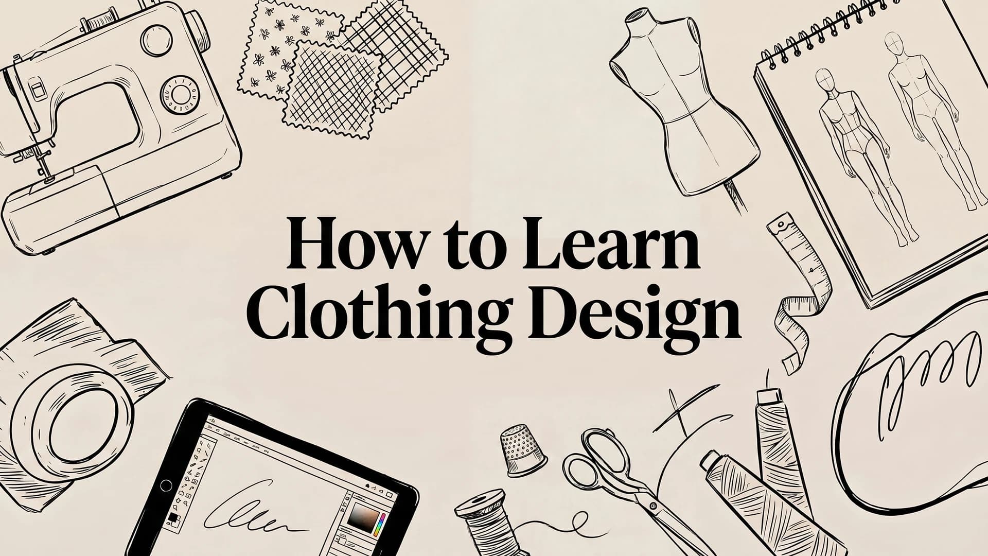 How to learn clothing design: cover illustration with sewing machine, dress form, fabric swatches and fashion sketches