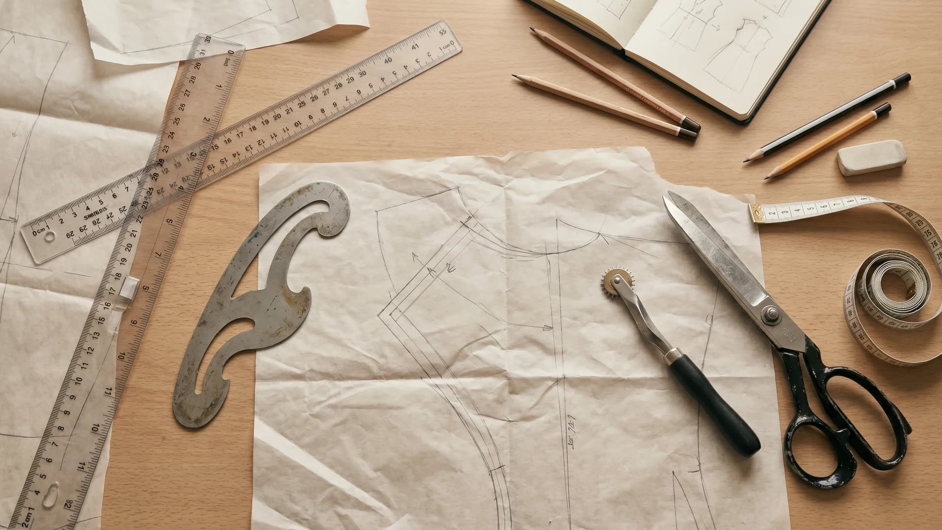 Pattern making tools for beginners: pattern paper with a bodice block, French curve, metal ruler, dressmaker's shears, tracing wheel and tape measure