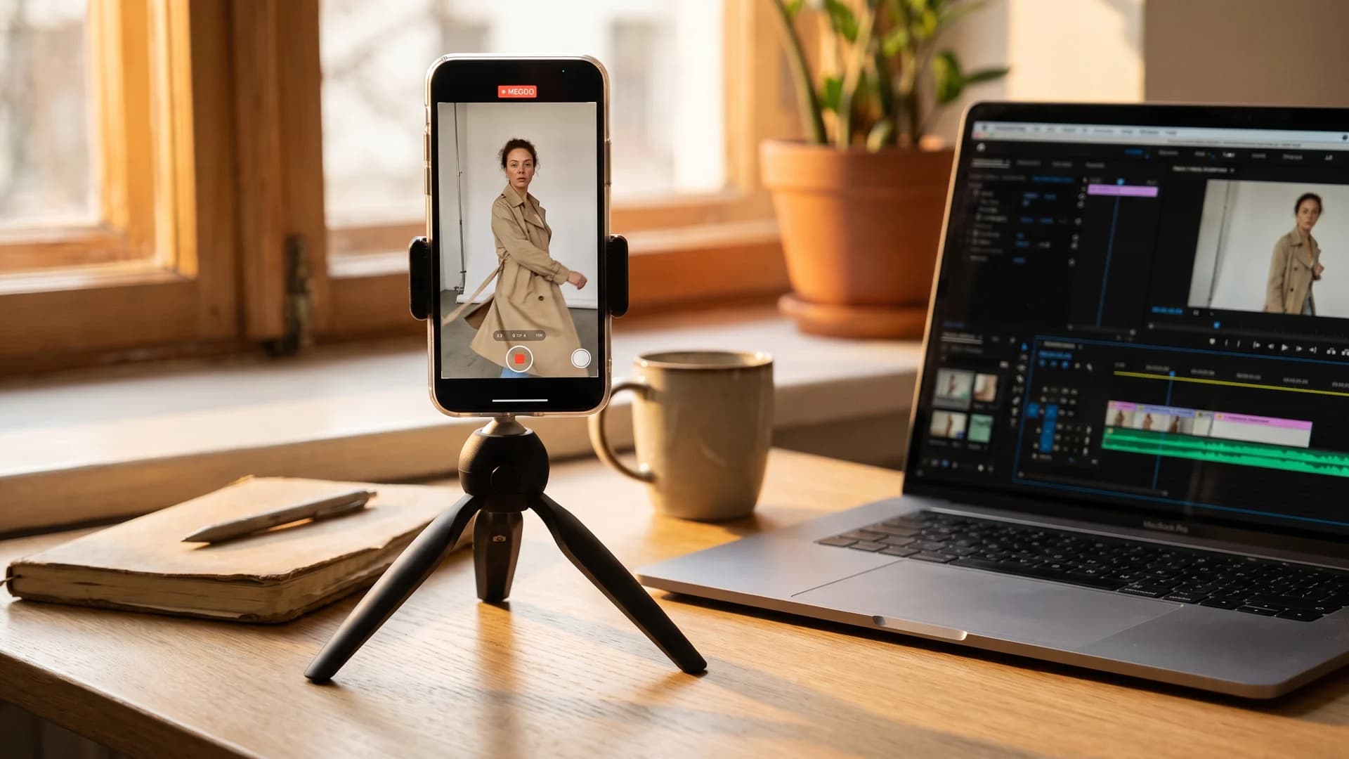 Editing an AI clothing video for social, with a vertical 9:16 clip previewed on a phone next to an editor timeline