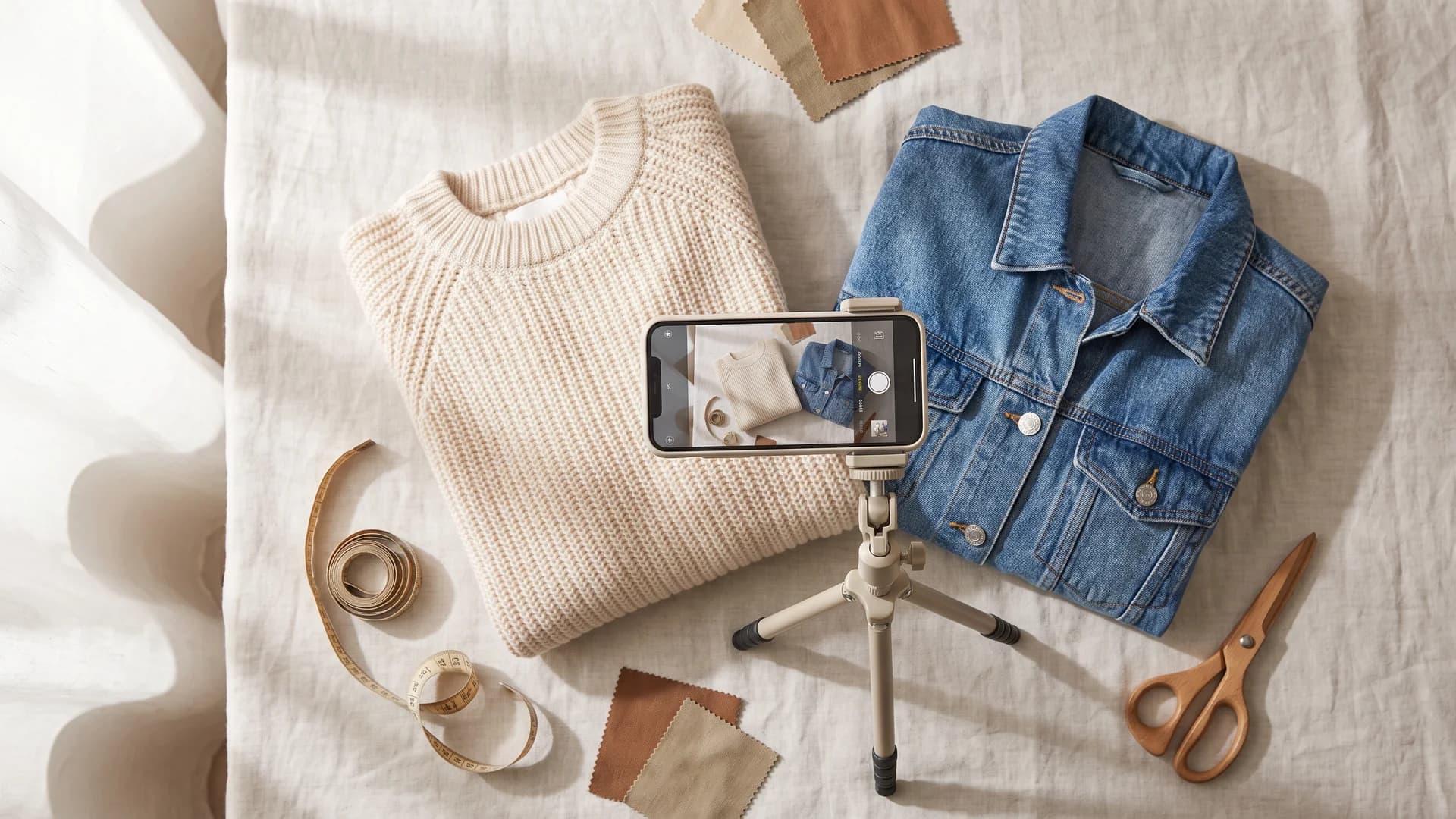 Source photos for an AI fashion video, with a phone photographing a flat-lay sweater and denim jacket