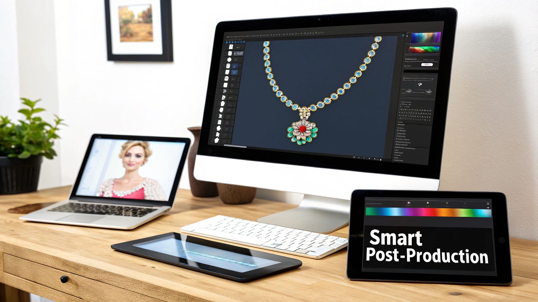 A creative digital workspace featuring a desktop with jewelry design software, a laptop, and an iPad.