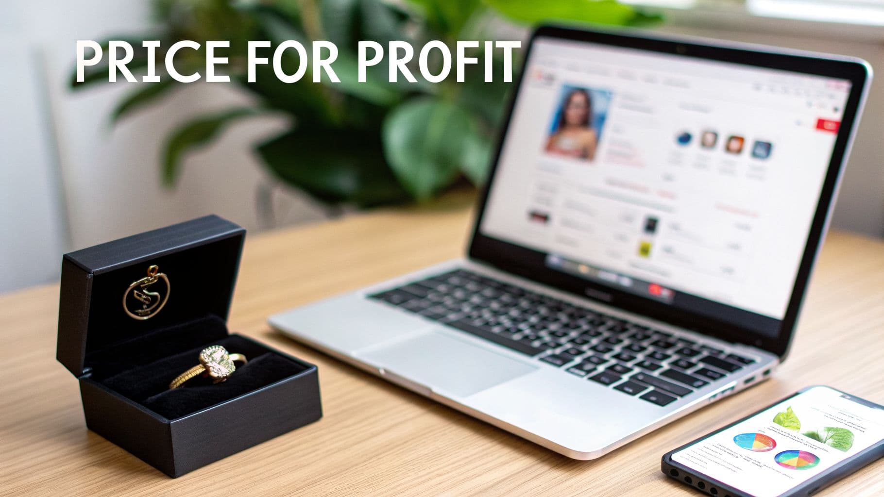 An open jewelry box with a ring, a laptop showing an online store, and a phone, symbolizing online jewelry sales.
