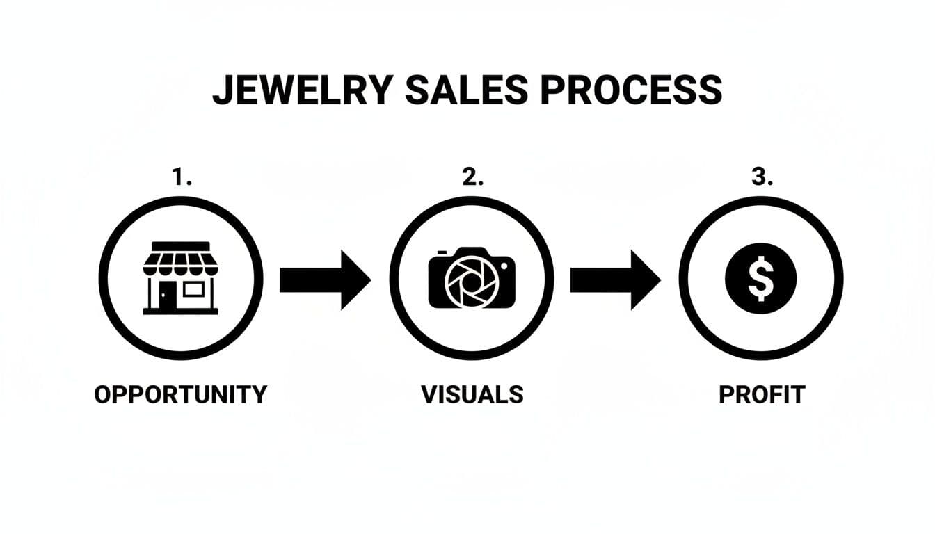 Flowchart illustrating a three-step jewelry sales process: opportunity, visuals, and profit.
