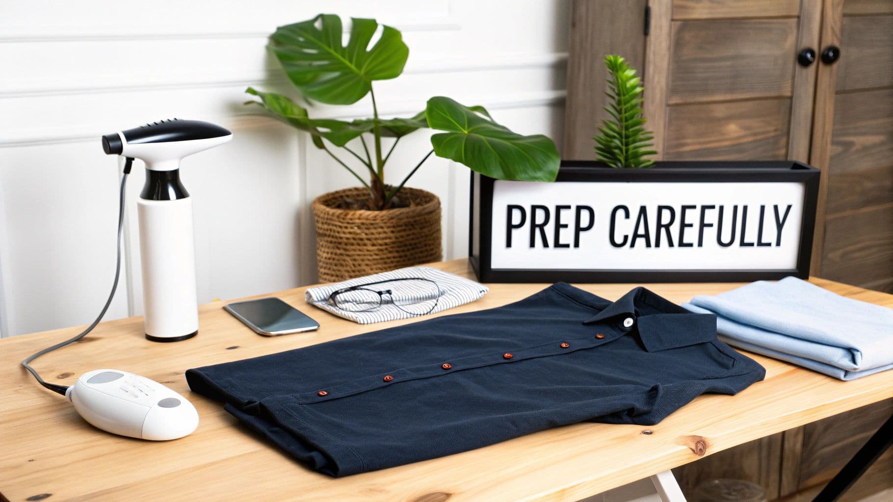 A steam iron and folded shirts on a wooden desk with a 'PREP CAREFULLY' sign.