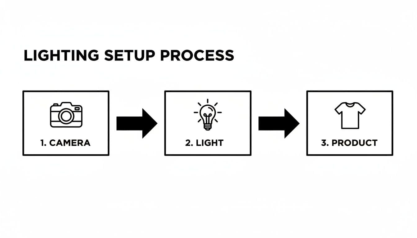 Flowchart illustrating the lighting setup process for product photography: camera, light, and product.