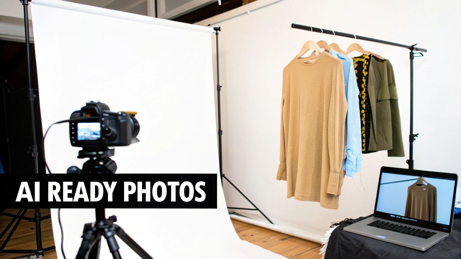 A professional product photography studio setup with a camera, white backdrop, clothing rack, and laptop.