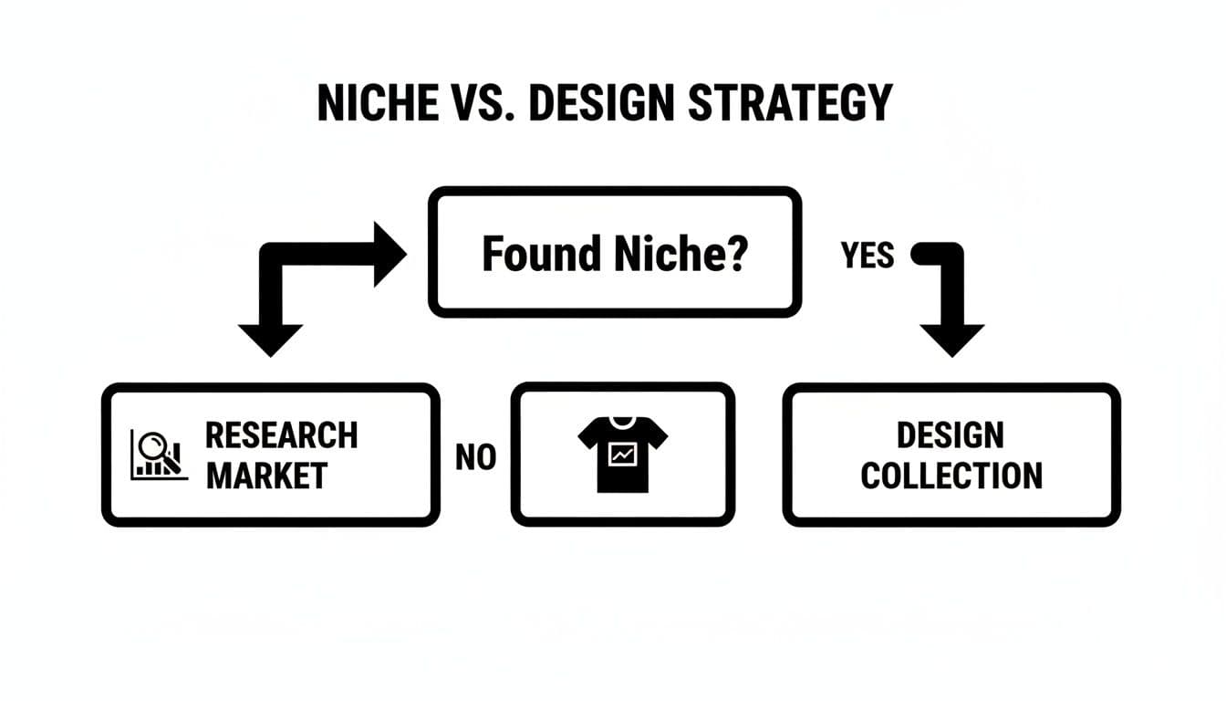 A flowchart illustrates design strategy: research market if no niche is found, otherwise design collection.