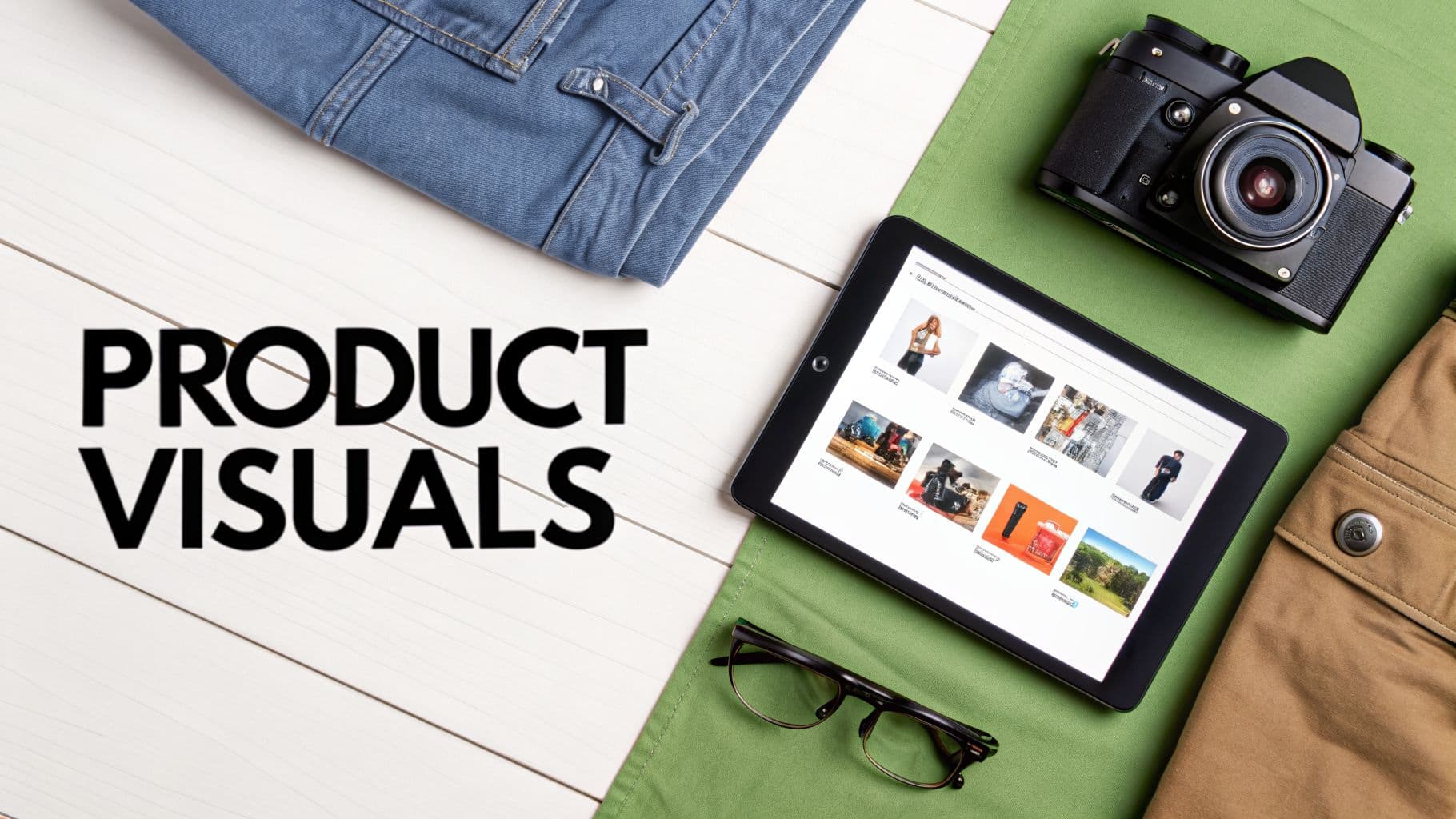 Flat lay showing a camera, tablet displaying product images, jeans, and eyeglasses on a green mat.