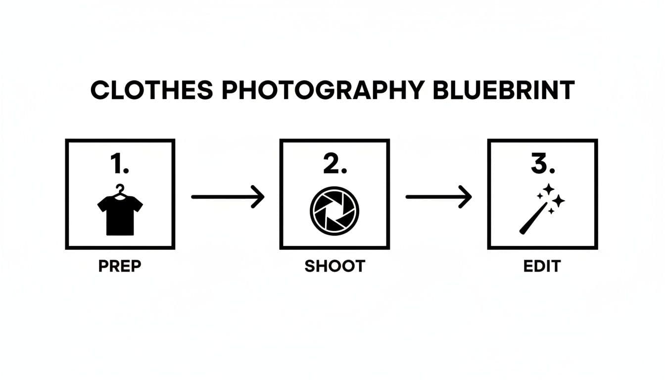 A visual blueprint illustrating three key steps for clothes photography: prep, shoot, and edit, with corresponding icons.