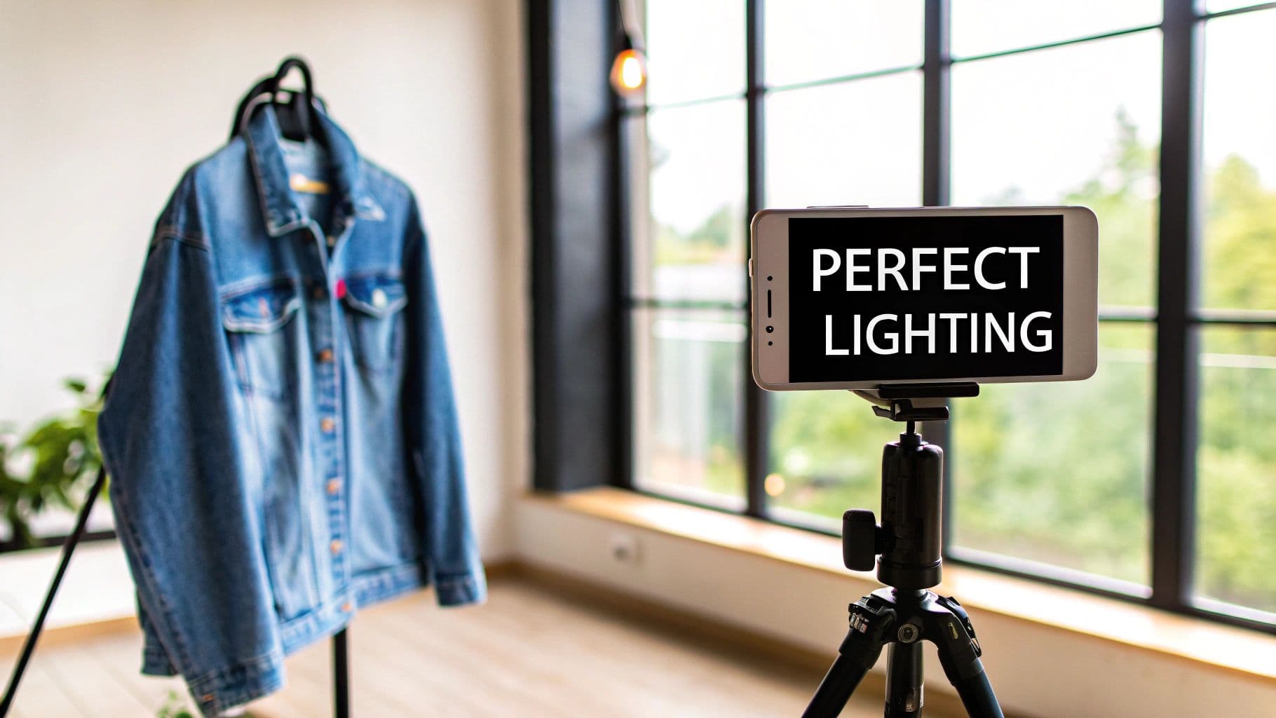 A smartphone on a tripod displays 'PERFECT LIGHTING' near a window, with a denim jacket on a hanger.