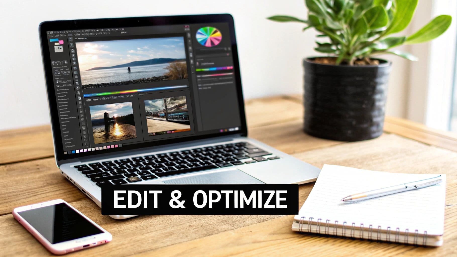 A laptop on a wooden desk showing photo editing software with images, next to a smartphone and a notepad.