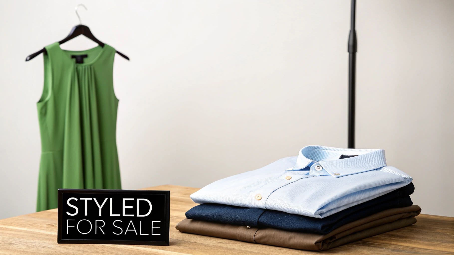 A green dress on a hanger and stacked men's shirts with a "Styled For Sale" sign on a wooden table.